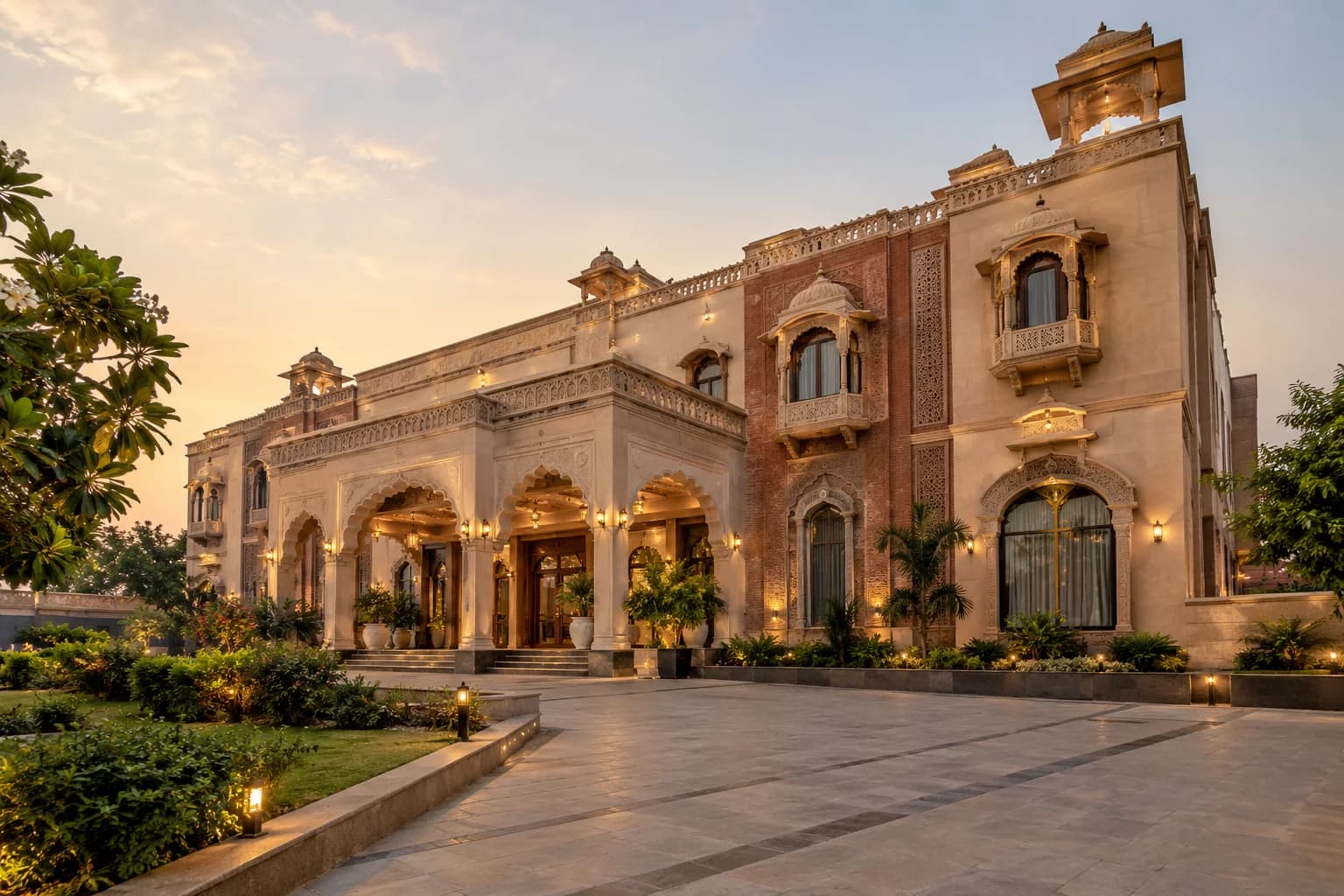 Completed Haveli Jalandhar project by Evans Build Home, featuring traditional Punjabi architecture, intricate arches, sandstone finishes, and landscaped courtyard.